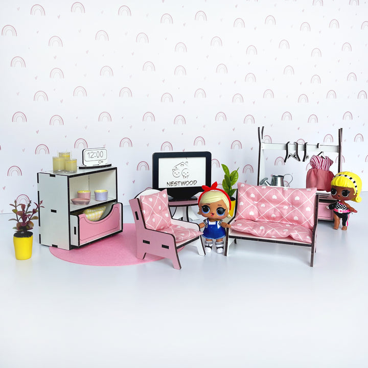 Wohnzimmermöbel-Set aus Holz im Maßstab 1:12 NestWood Pink