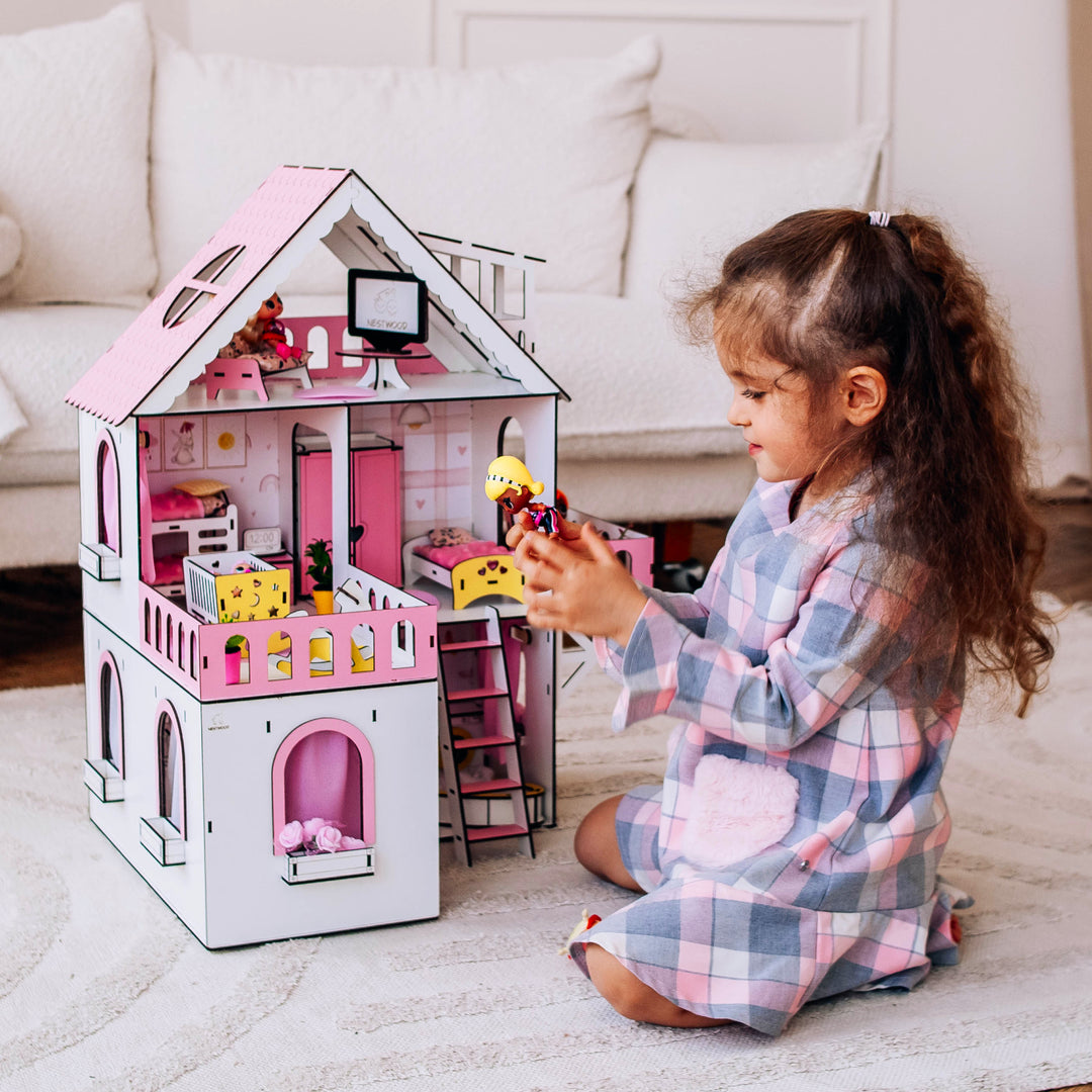 Puppenhaus aus Holz, Mini-Häuschen, Maßstab 1:12, NestWood Pink
