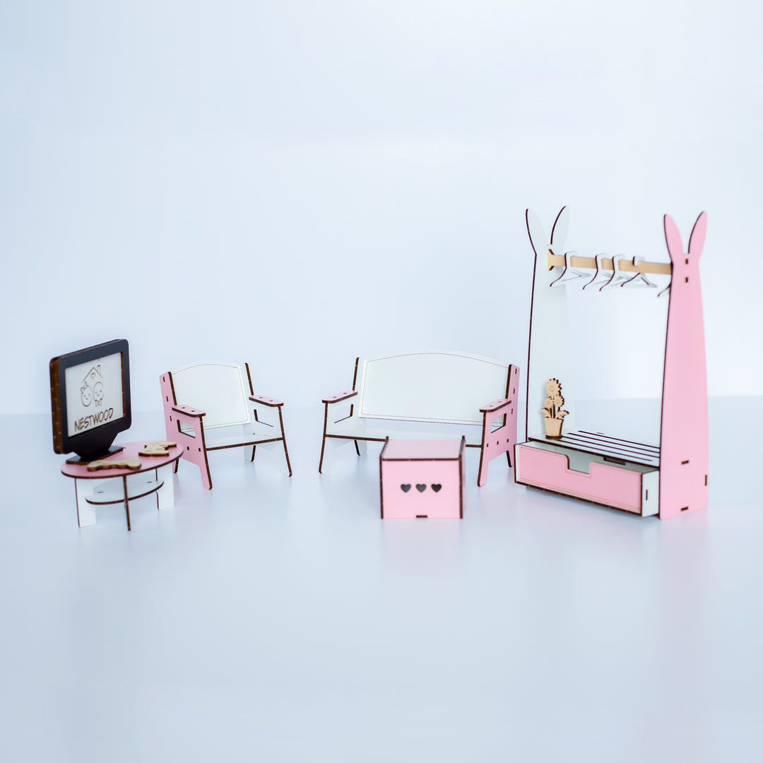 Puppenmöbel aus Holz Wohnzimmer Maßstab 1:6 NestWood Pink