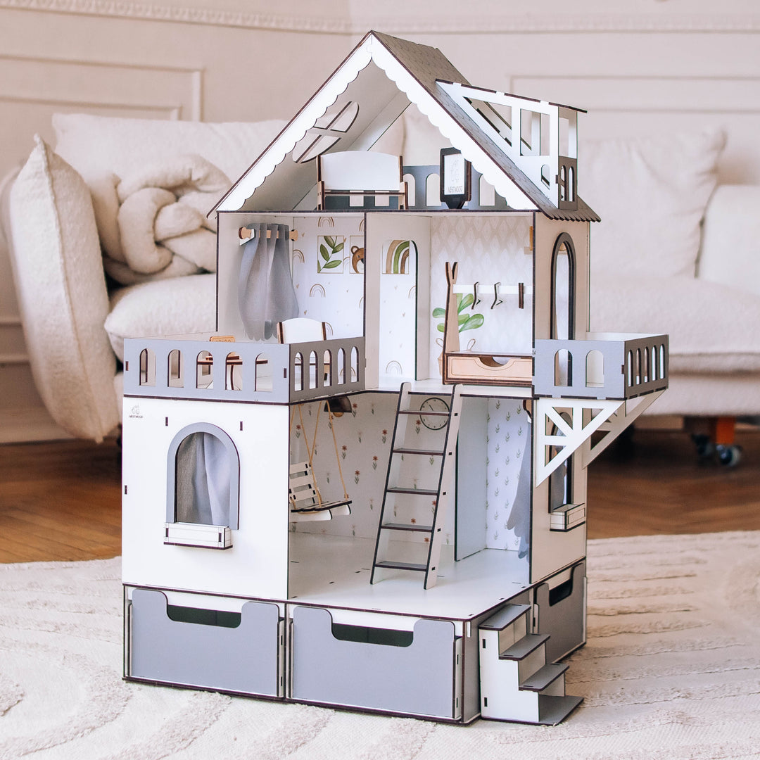 Puppenhaus aus Holz, Mini-Häuschen mit Organizer, Maßstab 1:12, NestWood Eco