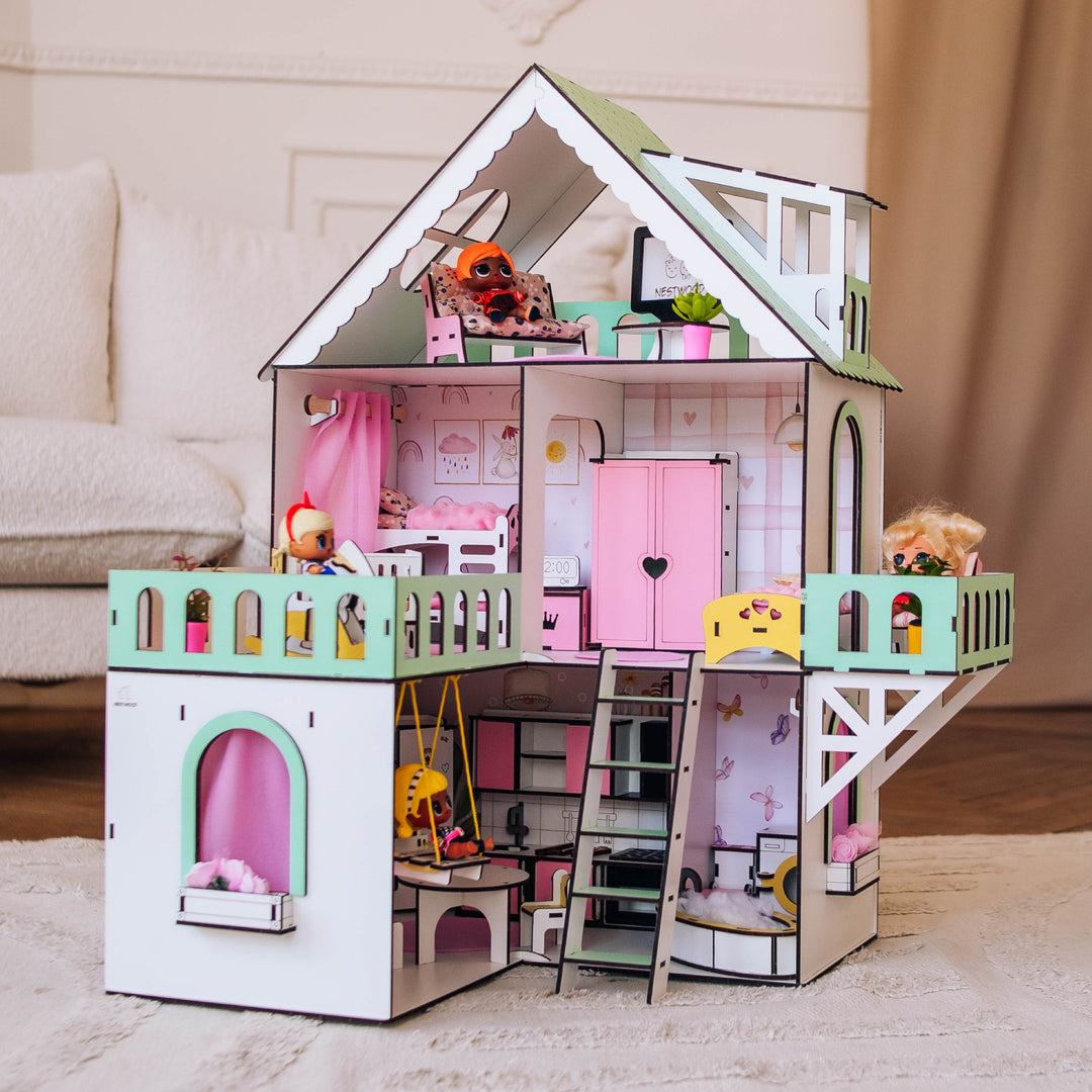 Puppenhaus aus Holz, Mini-Häuschen, Maßstab 1:12, NestWood Mint