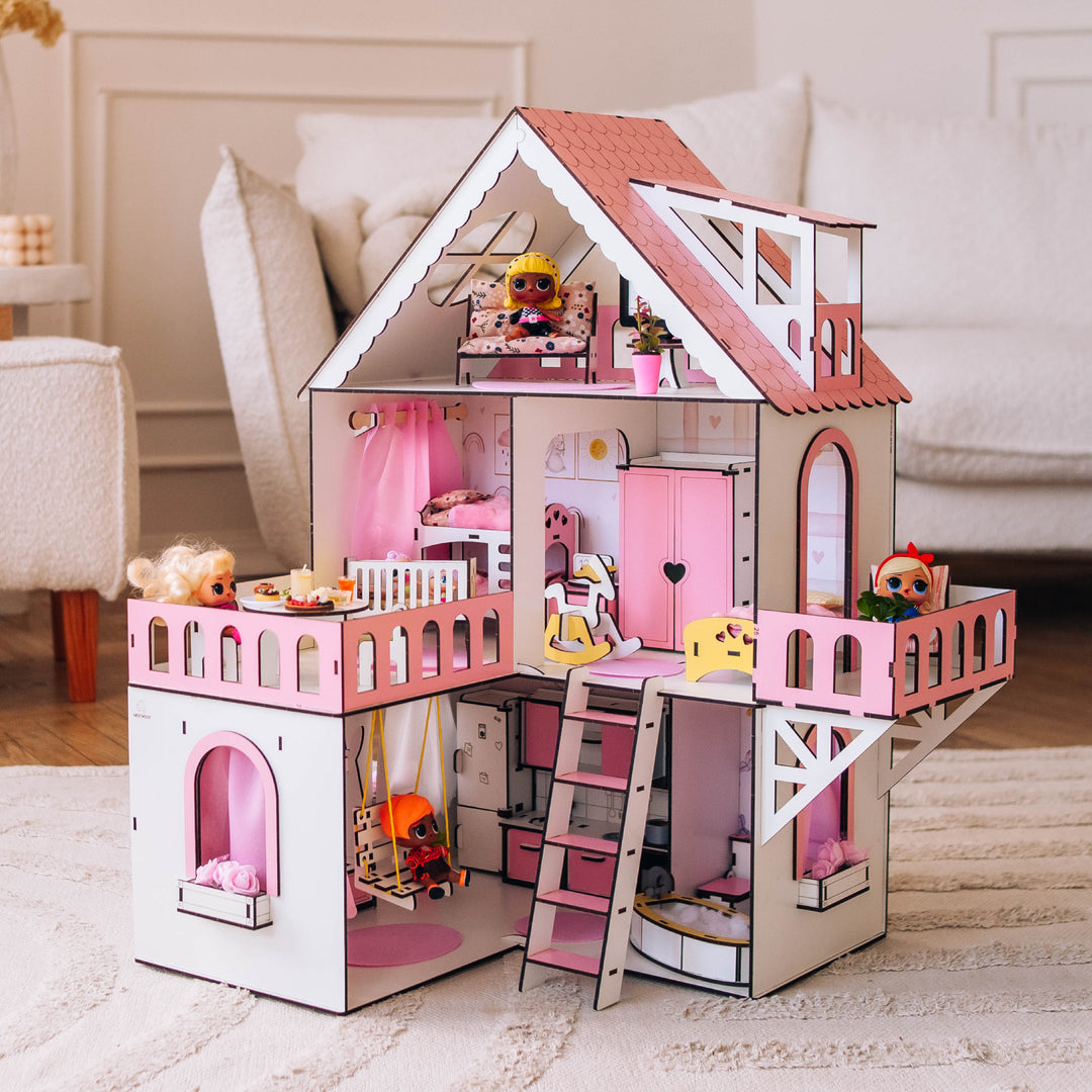 Puppenhaus aus Holz, Mini-Häuschen, Maßstab 1:12, NestWood Pink