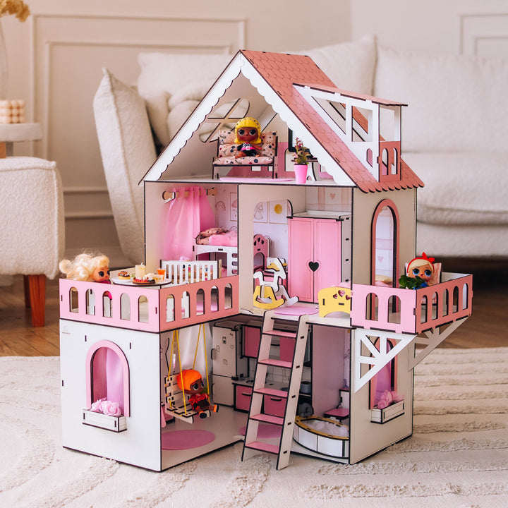 Puppenhaus aus Holz, Mini-Häuschen, Maßstab 1:12, NestWood Pink