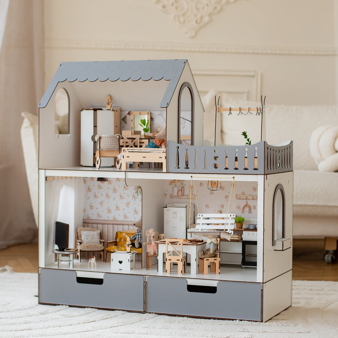 Puppenhaus Dream aus Holz mit Organizer im Maßstab 1:6 NestWood Eco
