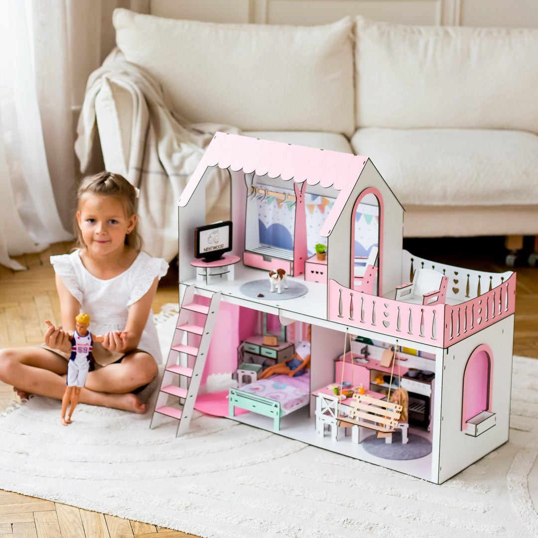Puppenhaus Dream aus Holz im Maßstab 1:6 NestWood rosa
