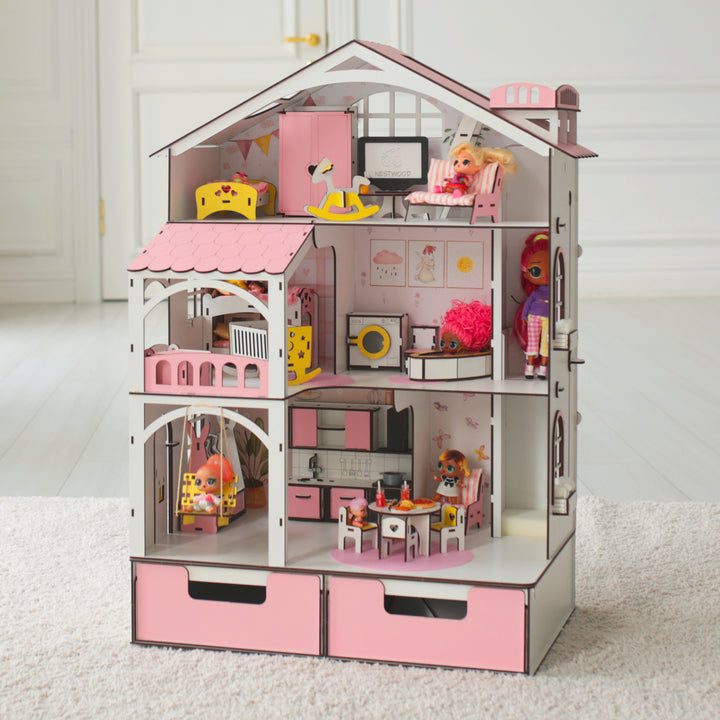 Puppenhaus aus Holz Smart House mit Organizer und Aufzug Maßstab 1:12 NestWood Pink