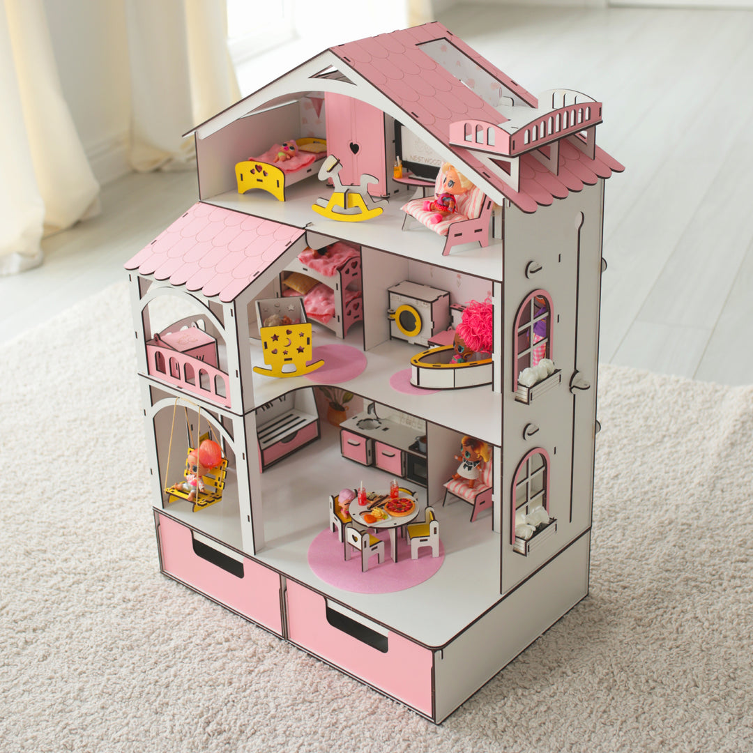 Puppenhaus aus Holz Smart House mit Organizer und Aufzug Maßstab 1:12 NestWood Pink