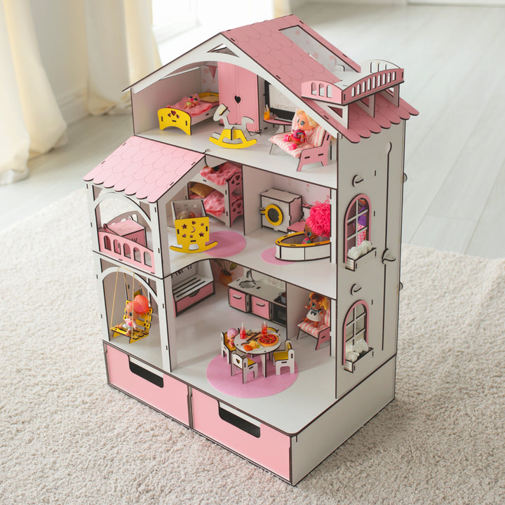 Puppenhaus aus Holz Smart House mit Organizer und Aufzug Maßstab 1:12 NestWood Pink