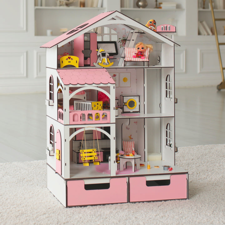 Puppenhaus aus Holz Smart House mit Organizer und Aufzug Maßstab 1:12 NestWood Pink