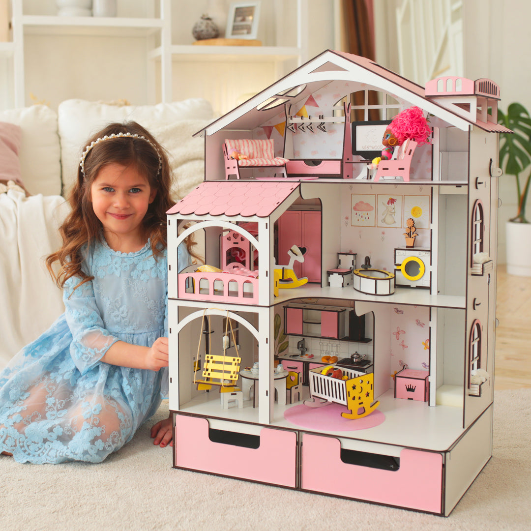 Puppenhaus aus Holz Smart House mit Organizer und Aufzug Maßstab 1:12 NestWood Pink
