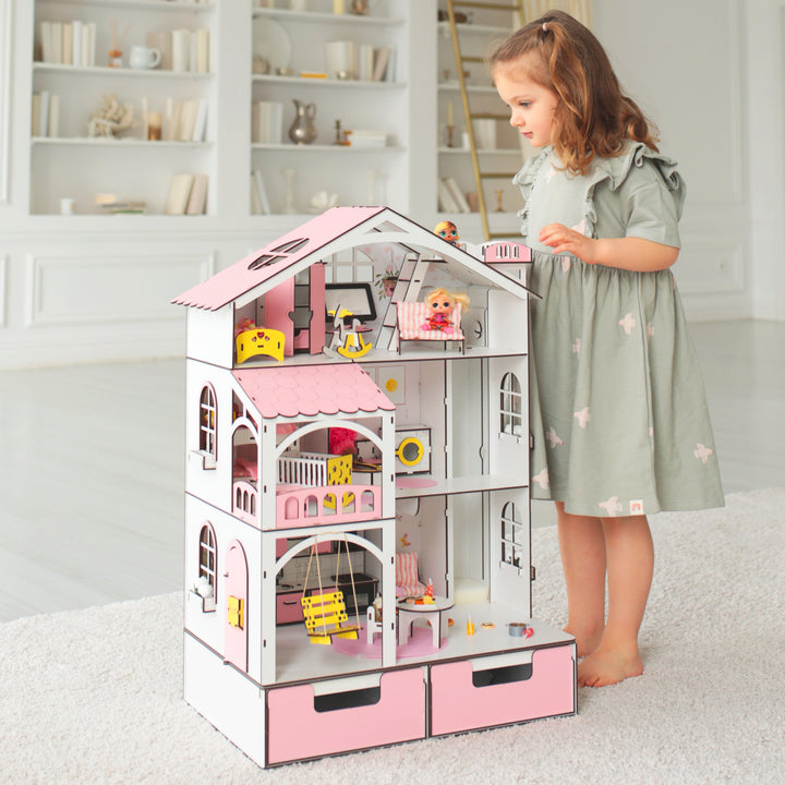 Puppenhaus aus Holz Smart House mit Organizer und Aufzug Maßstab 1:12 NestWood Pink