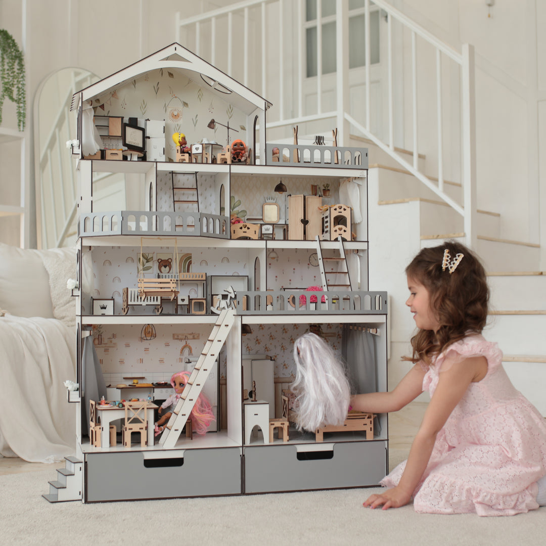 Puppenhaus aus Holz, Herrenhaus, Maßstab 1:6, NestWood Eco