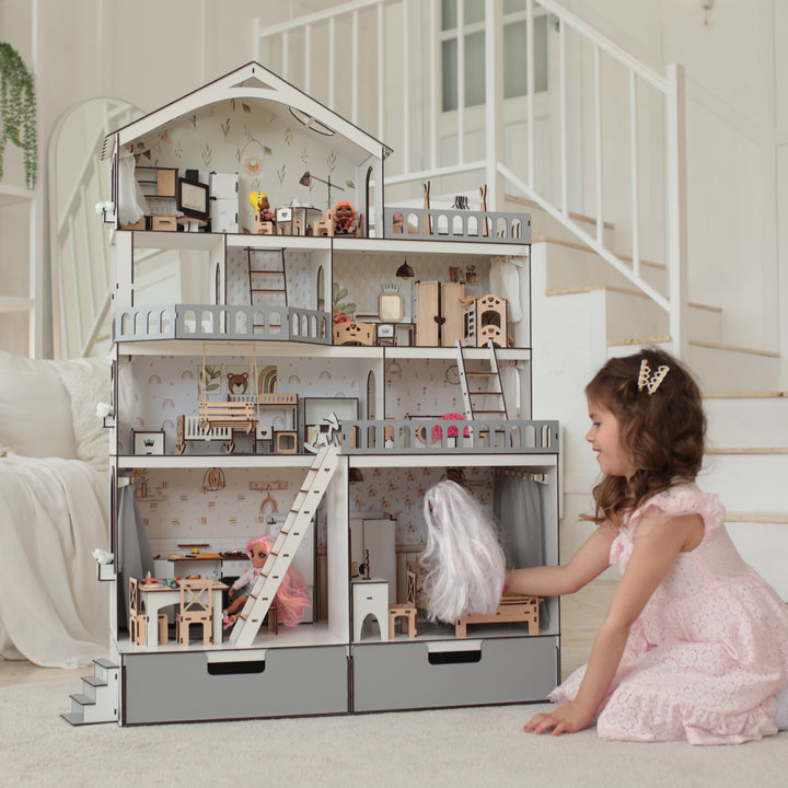 Puppenhaus aus Holz, Herrenhaus, Maßstab 1:6, NestWood Eco