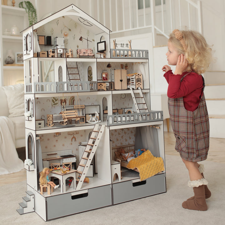 Dollhouse living room set with furniture and text detailing included items.