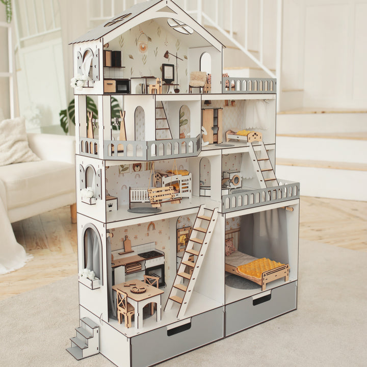 Puppenhaus aus Holz, Herrenhaus, Maßstab 1:6, NestWood Eco