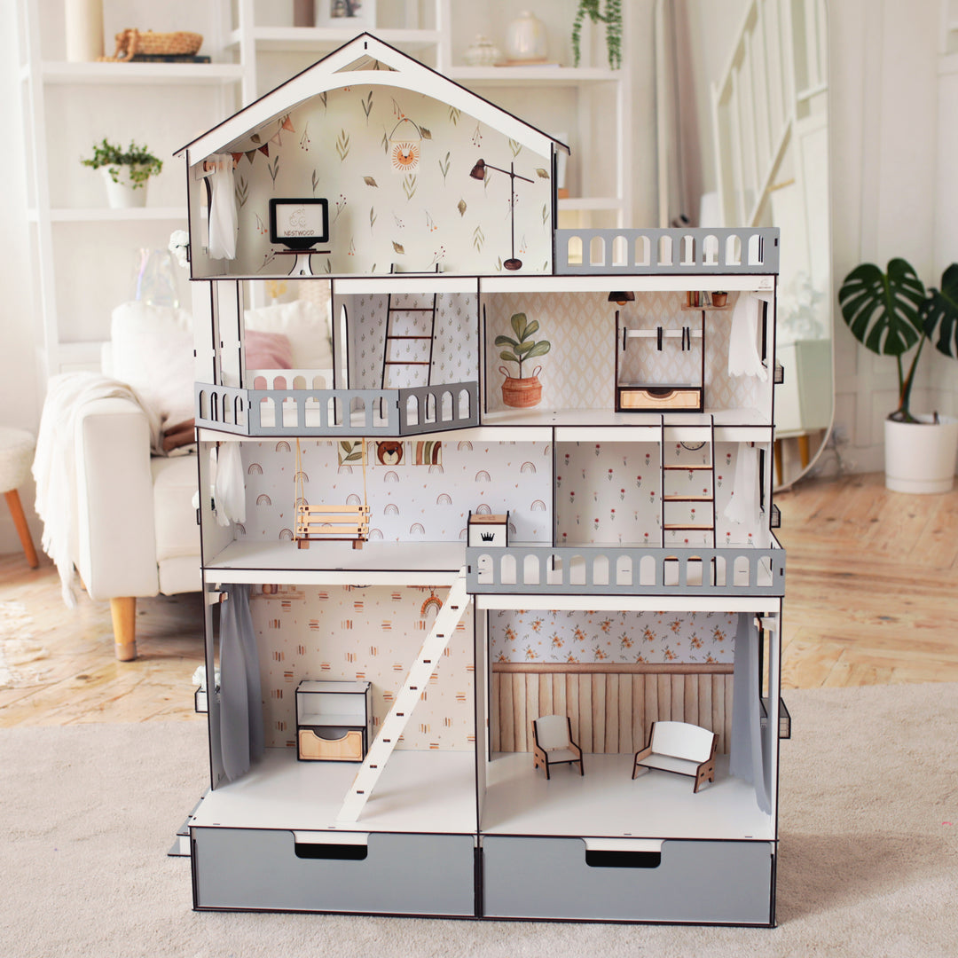 Dollhouse with miniature furniture set on a beige surface, with text detailing included items.
