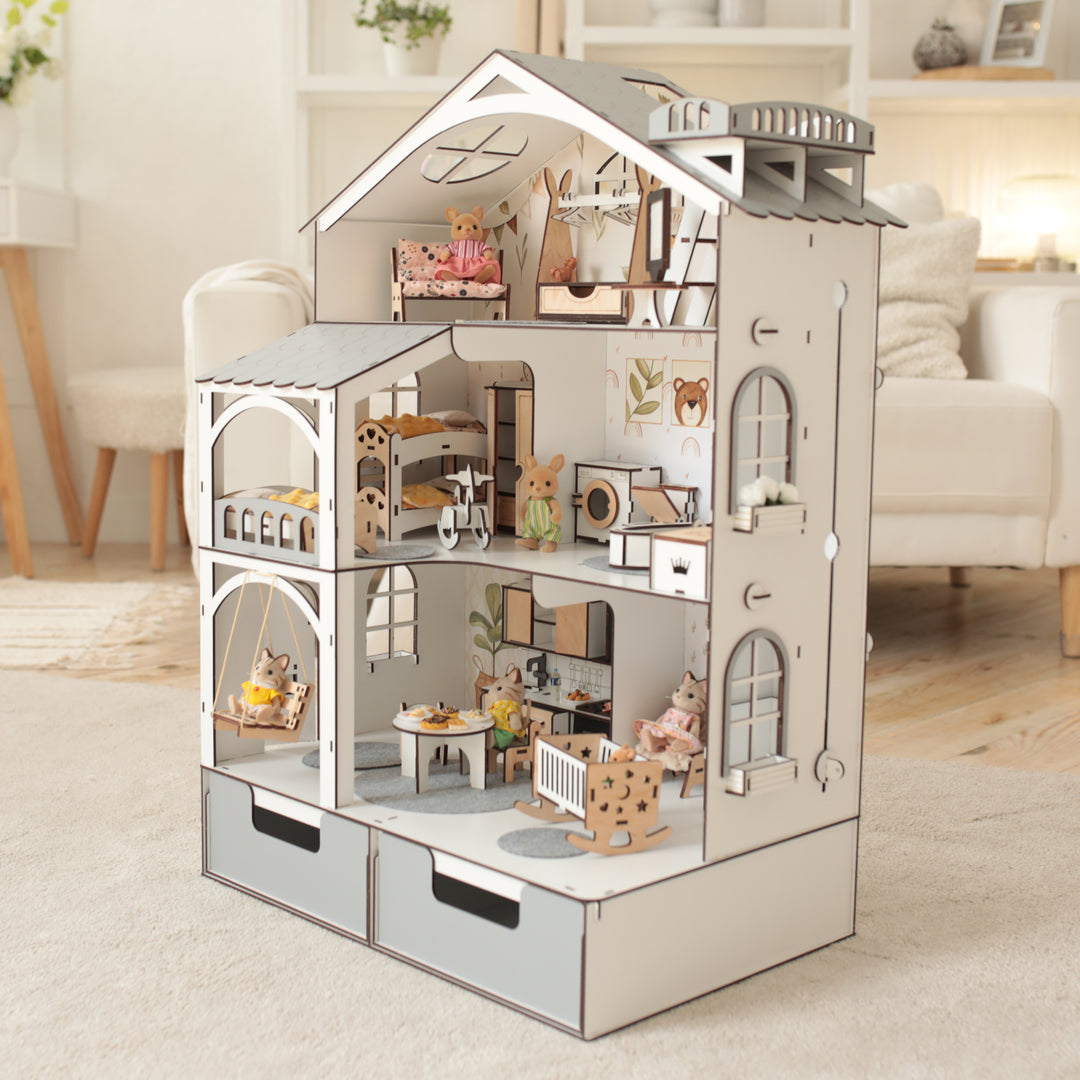 Puppenhaus aus Holz Smart House mit Organizer und Aufzug Maßstab 1:12 NestWood Eco