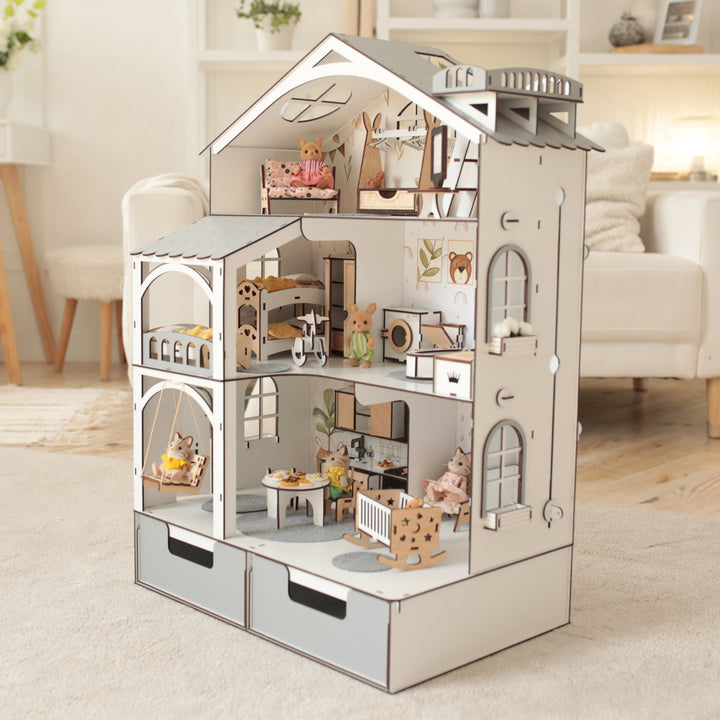 Puppenhaus aus Holz Smart House mit Organizer und Aufzug Maßstab 1:12 NestWood Eco