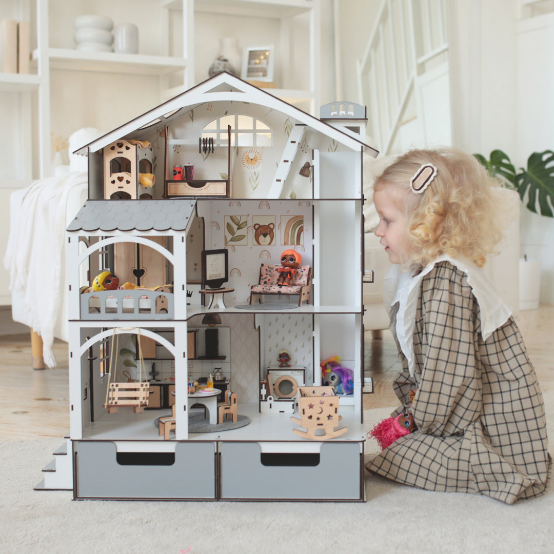 Puppenhaus aus Holz Smart House mit Organizer und Aufzug Maßstab 1:12 NestWood Eco