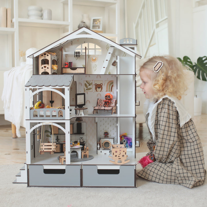 Puppenhaus aus Holz Smart House mit Organizer und Aufzug Maßstab 1:12 NestWood Eco