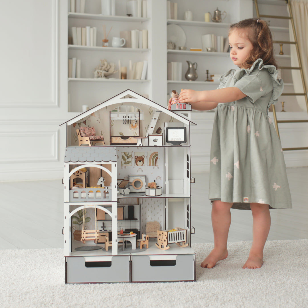 Puppenhaus aus Holz Smart House mit Organizer und Aufzug Maßstab 1:12 NestWood Eco