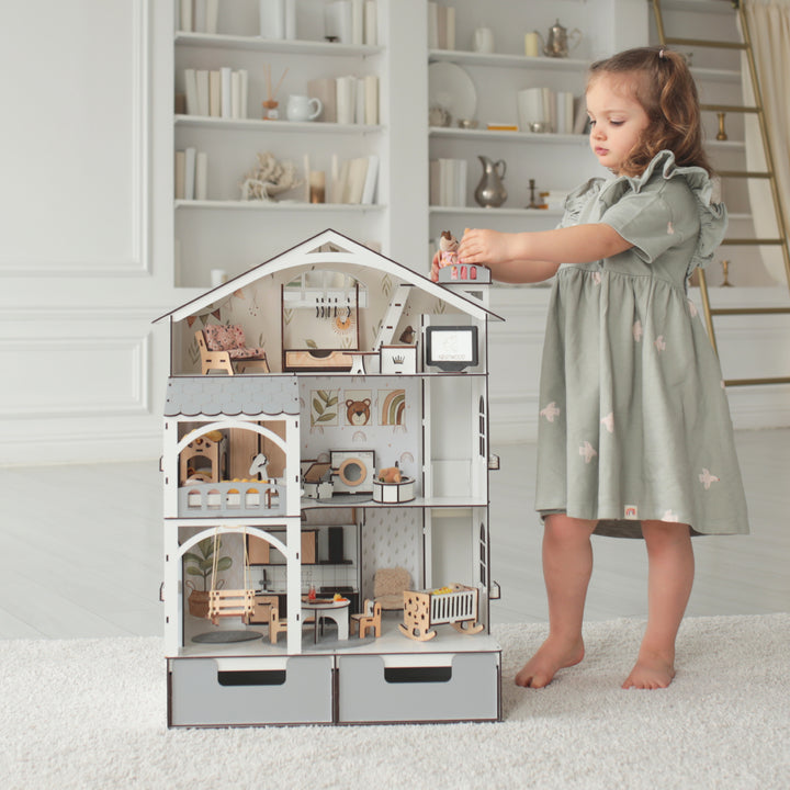 Puppenhaus aus Holz Smart House mit Organizer und Aufzug Maßstab 1:12 NestWood Eco