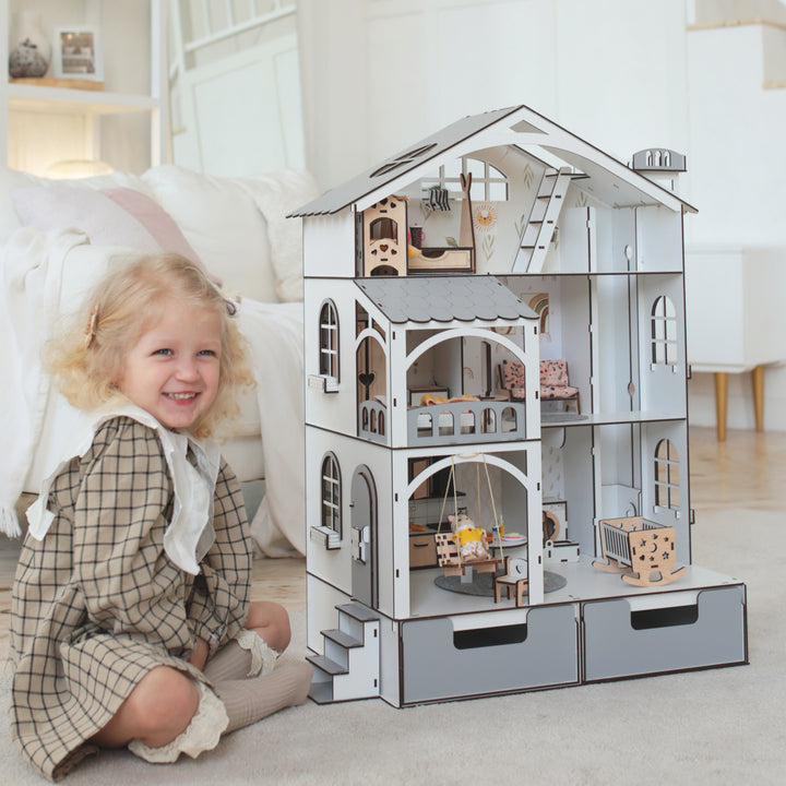 Puppenhaus aus Holz Smart House mit Organizer und Aufzug Maßstab 1:12 NestWood Eco
