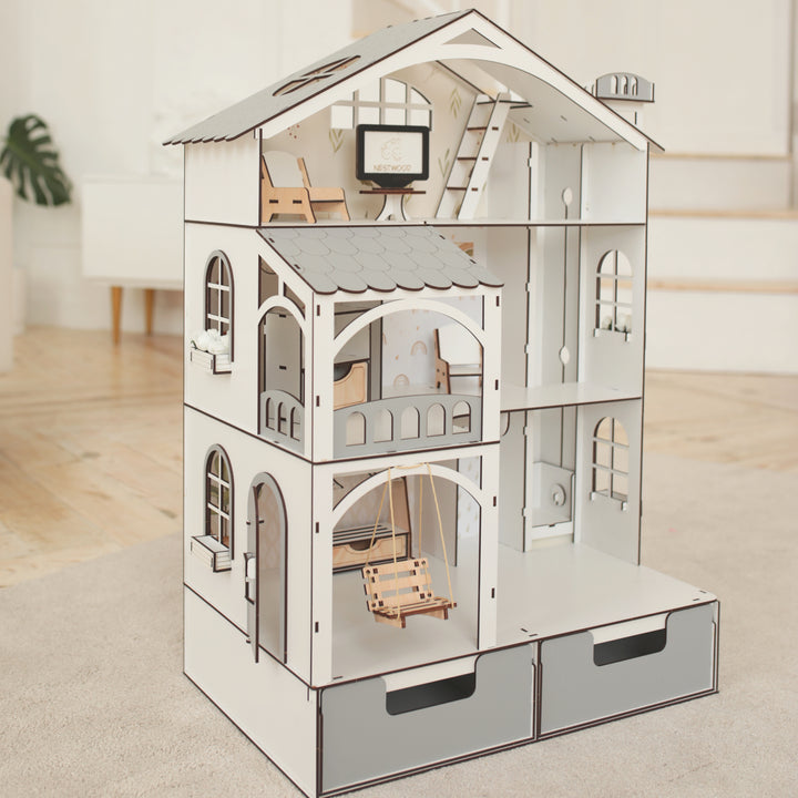Puppenhaus aus Holz Smart House mit Organizer und Aufzug Maßstab 1:12 NestWood Eco