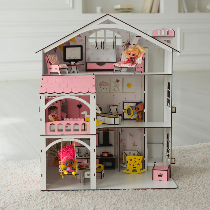 Puppenhaus aus Holz Smart House mit Aufzug Maßstab 1:12 NestWood Pink