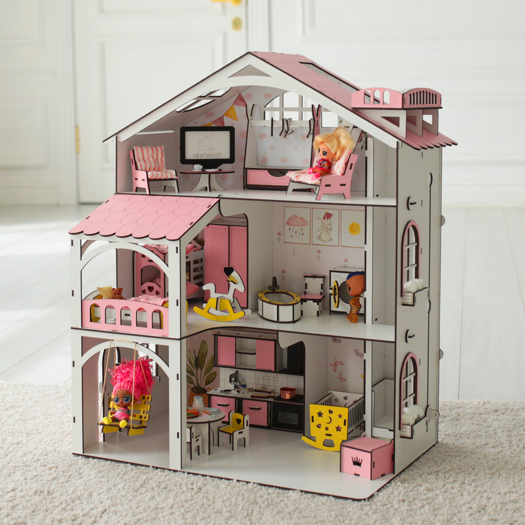 Puppenhaus aus Holz Smart House mit Aufzug Maßstab 1:12 NestWood Pink