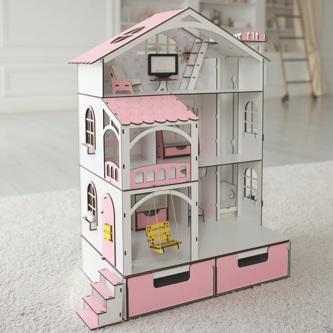 Puppenhaus aus Holz Smart House mit Organizer und Aufzug Maßstab 1:12 NestWood Pink