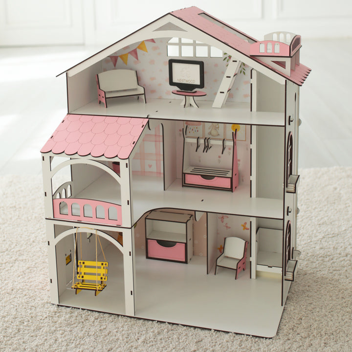 Puppenhaus aus Holz Smart House mit Aufzug Maßstab 1:12 NestWood Pink