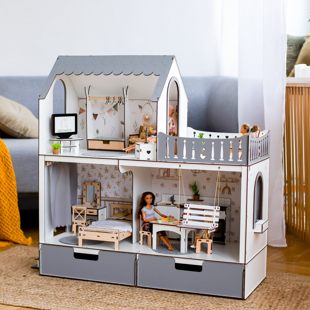 Puppenhaus Dream aus Holz mit Organizer im Maßstab 1:6 NestWood Eco