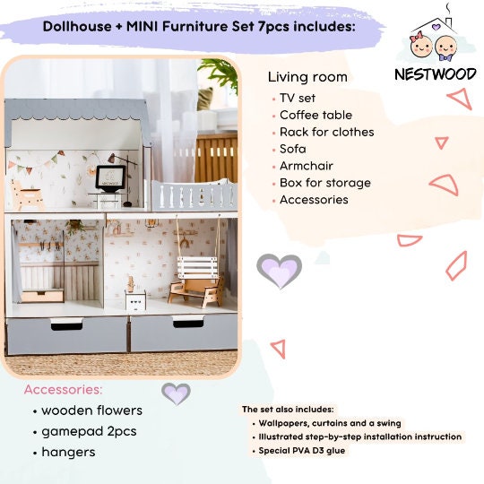 Puppenhaus Dream aus Holz mit Organizer im Maßstab 1:6 NestWood Eco