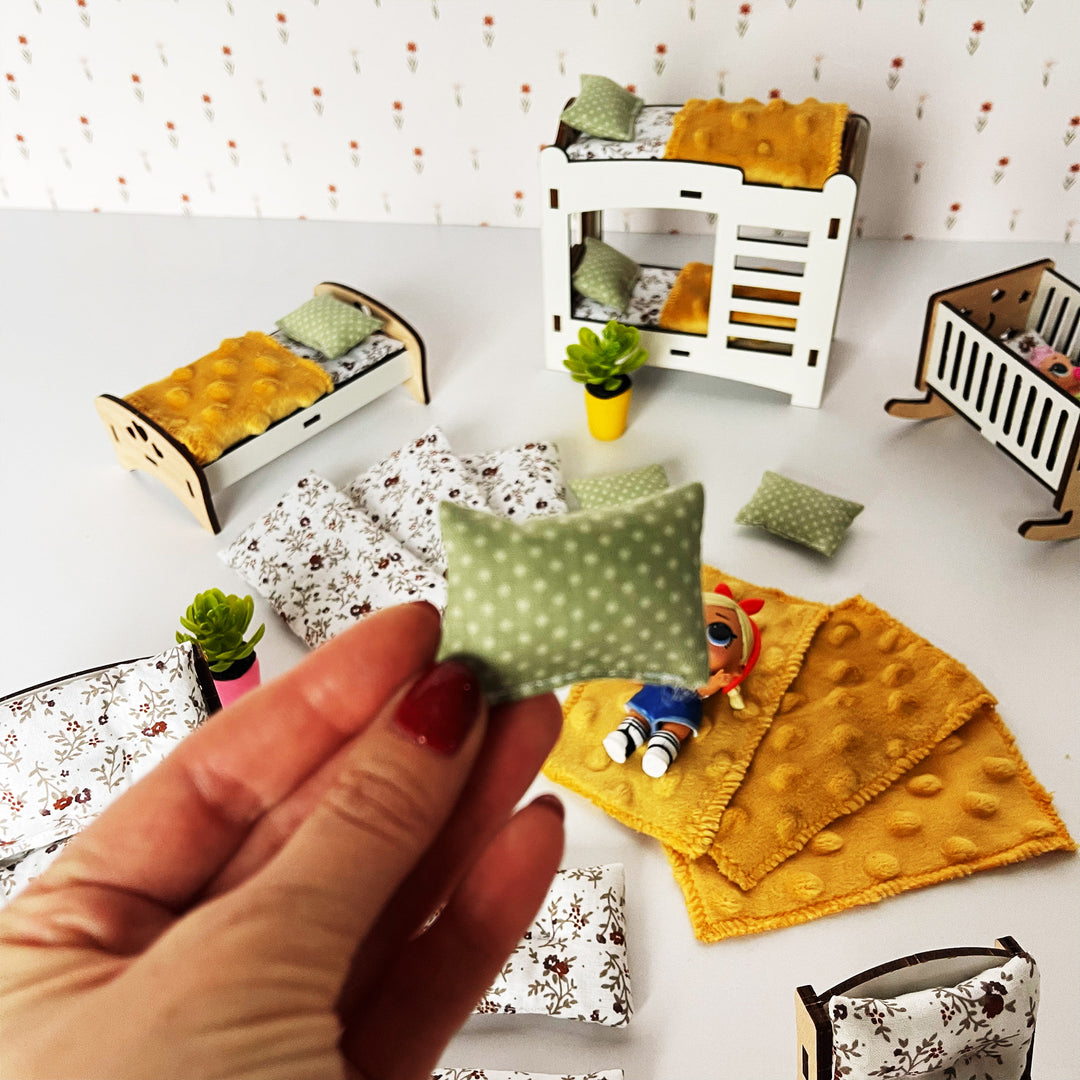 Puppenbettwäscheset Kinder Öko Gelb Plüsch 8-tlg NestWood 1:12
