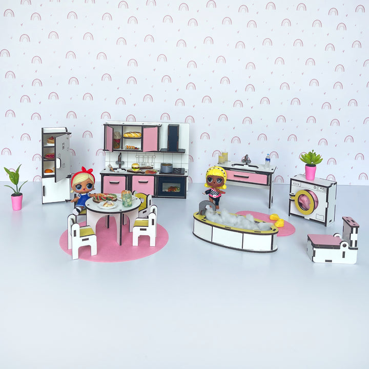 Küchen- und Badezimmermöbelset aus Holz im Maßstab 1:12 NestWood Pink