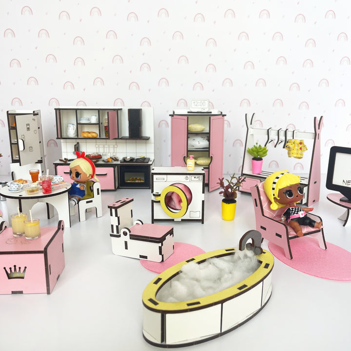 Puppenhaus aus Holz, Mini-Häuschen, Maßstab 1:12, NestWood Pink