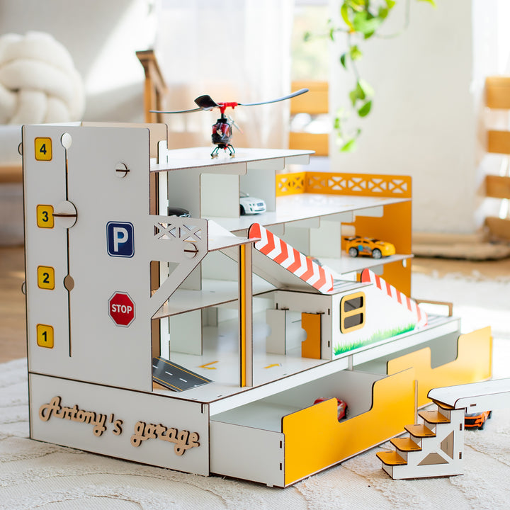 Spielzeuggarage Parkplatz mit Aufzug und Organizer Maßstab 1:6 NestWood Maxi