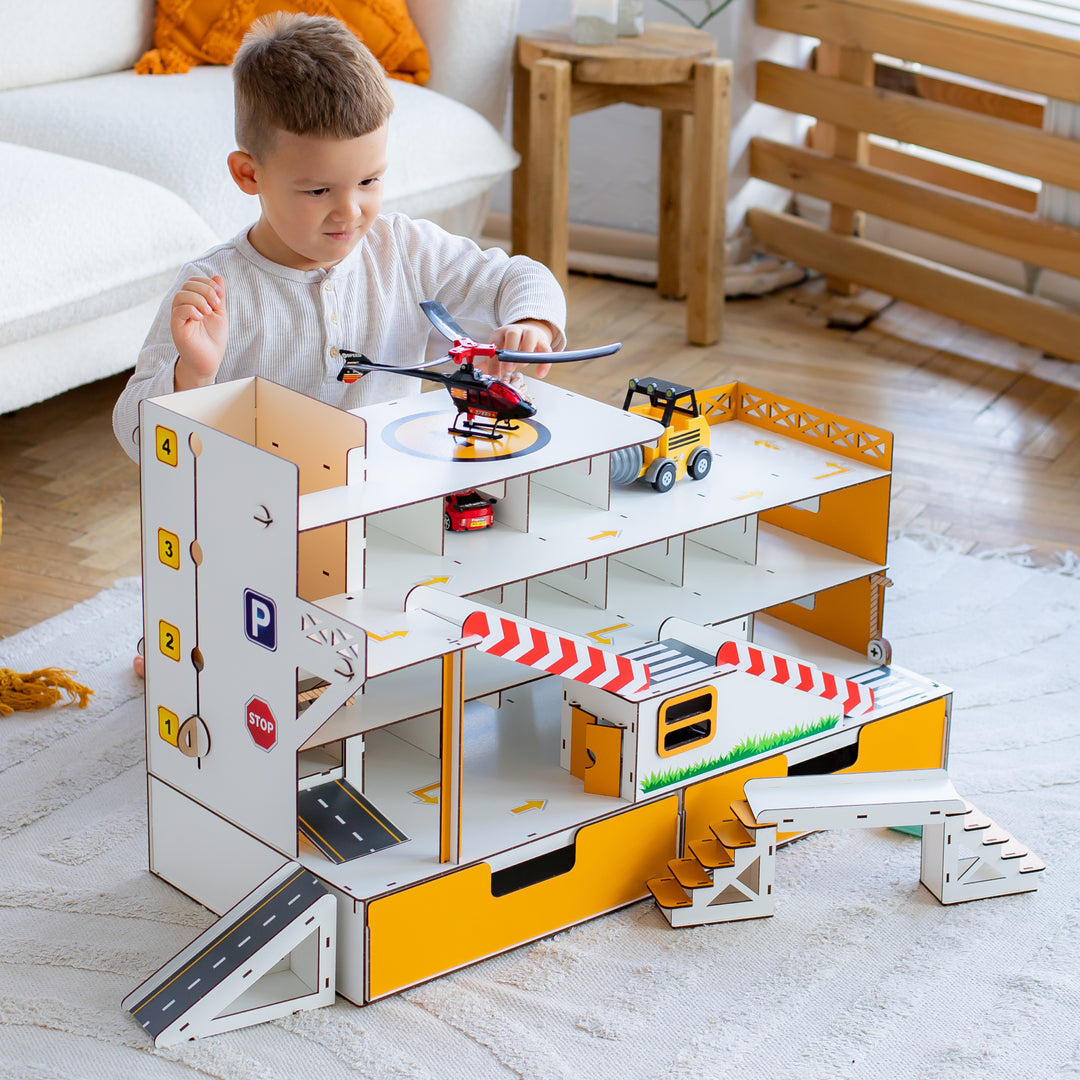 Spielzeuggarage Parkplatz mit Aufzug und Organizer Maßstab 1:6 NestWood Maxi