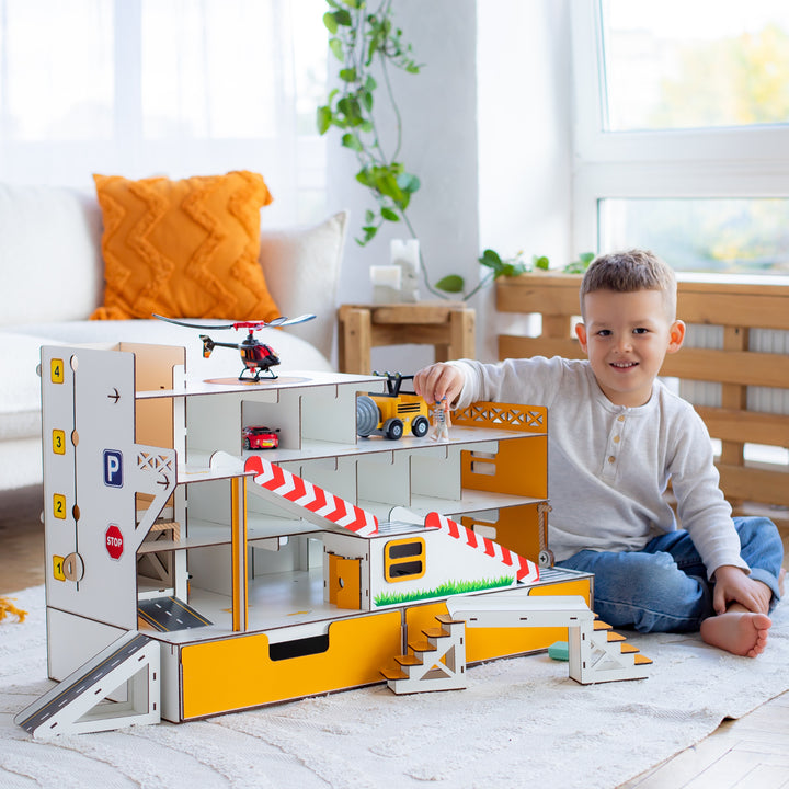 Spielzeuggarage Parkplatz mit Aufzug und Organizer Maßstab 1:6 NestWood Maxi