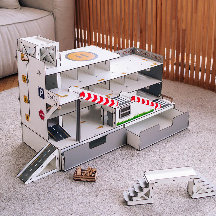 Spielzeuggarage mit Aufzug und Organizer Maßstab 1:6 NestWood Maxi Eco