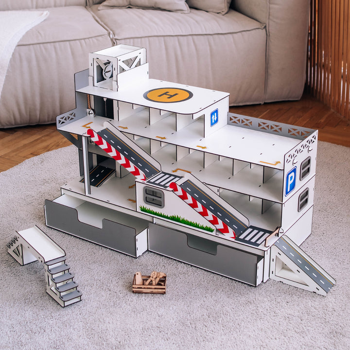 Spielzeuggarage mit Aufzug und Organizer Maßstab 1:6 NestWood Maxi Eco