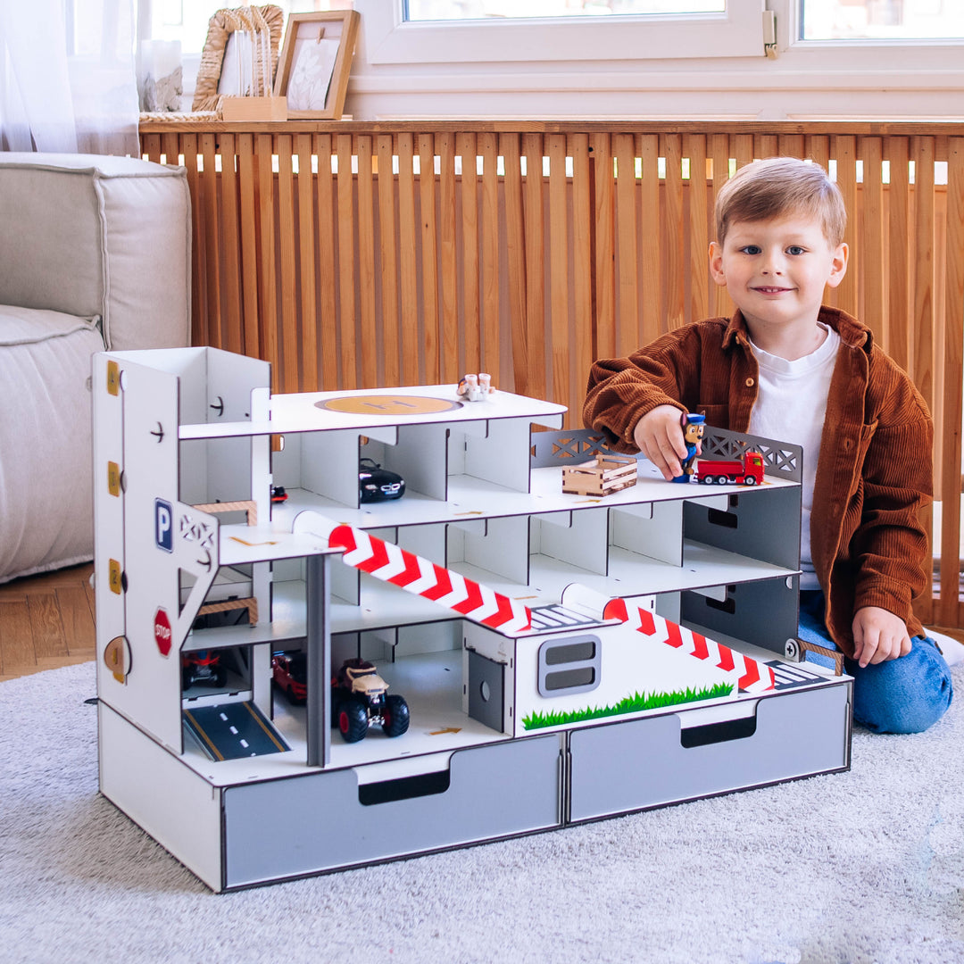 Spielzeuggarage mit Aufzug und Organizer Maßstab 1:6 NestWood Maxi Eco