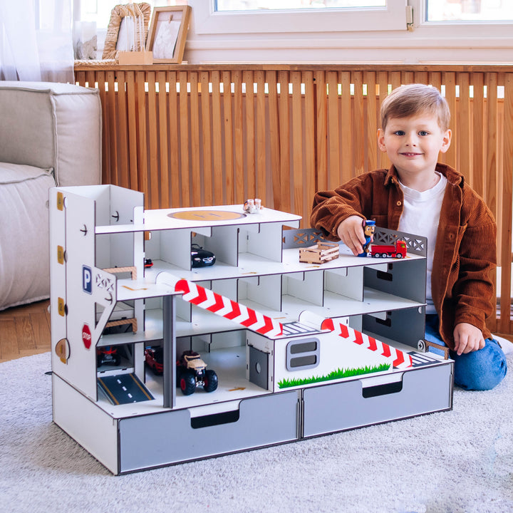 Spielzeuggarage mit Aufzug und Organizer Maßstab 1:6 NestWood Maxi Eco