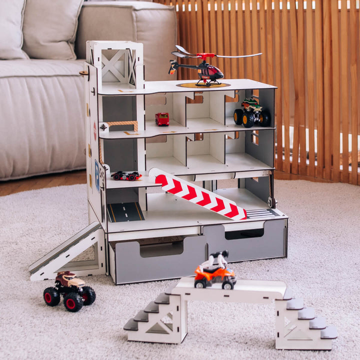 Autogarage 9 Stellplätze mit Lagerboxen und Aufzug Grau Maßstab 1:6 NestWood
