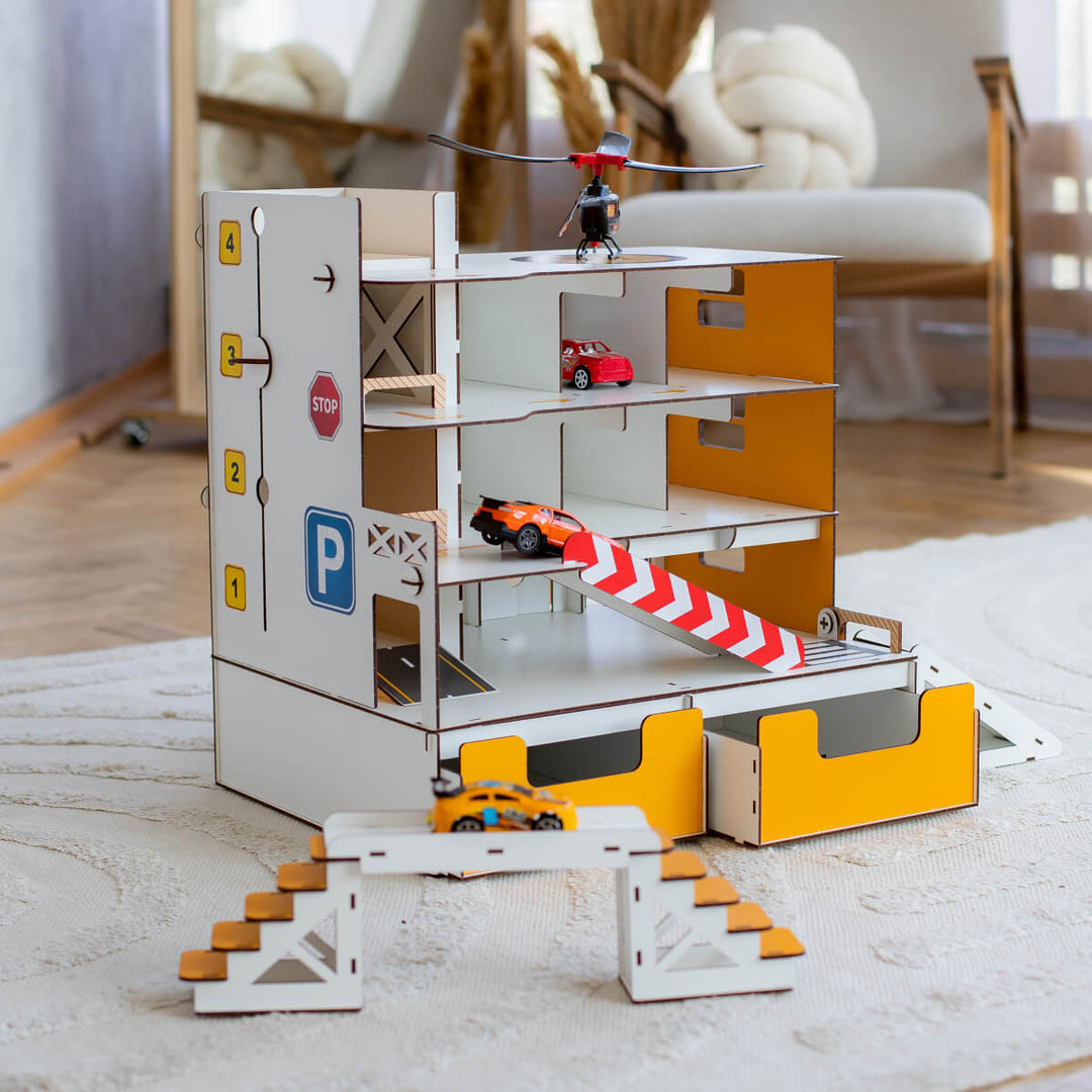 Autogarage 9 Stellplätze mit Lagerboxen und Aufzug gelb Maßstab 1:6 NestWood