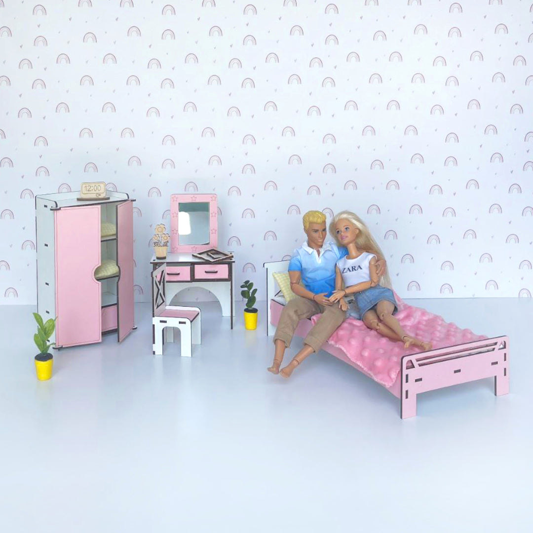 Puppenmöbel aus Holz Schlafzimmer Maßstab 1:6 NestWood Pink