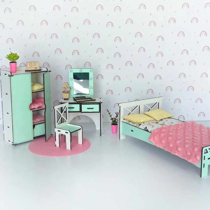 Puppenmöbel aus Holz Schlafzimmer Maßstab 1:6 NestWood Mint