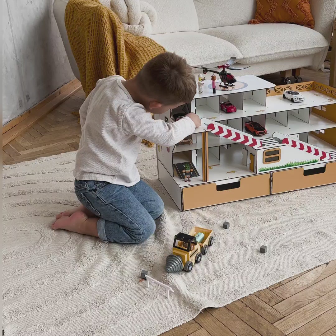 Spielzeuggarage Parkplatz mit Aufzug und Organizer Maßstab 1:6 NestWood Maxi
