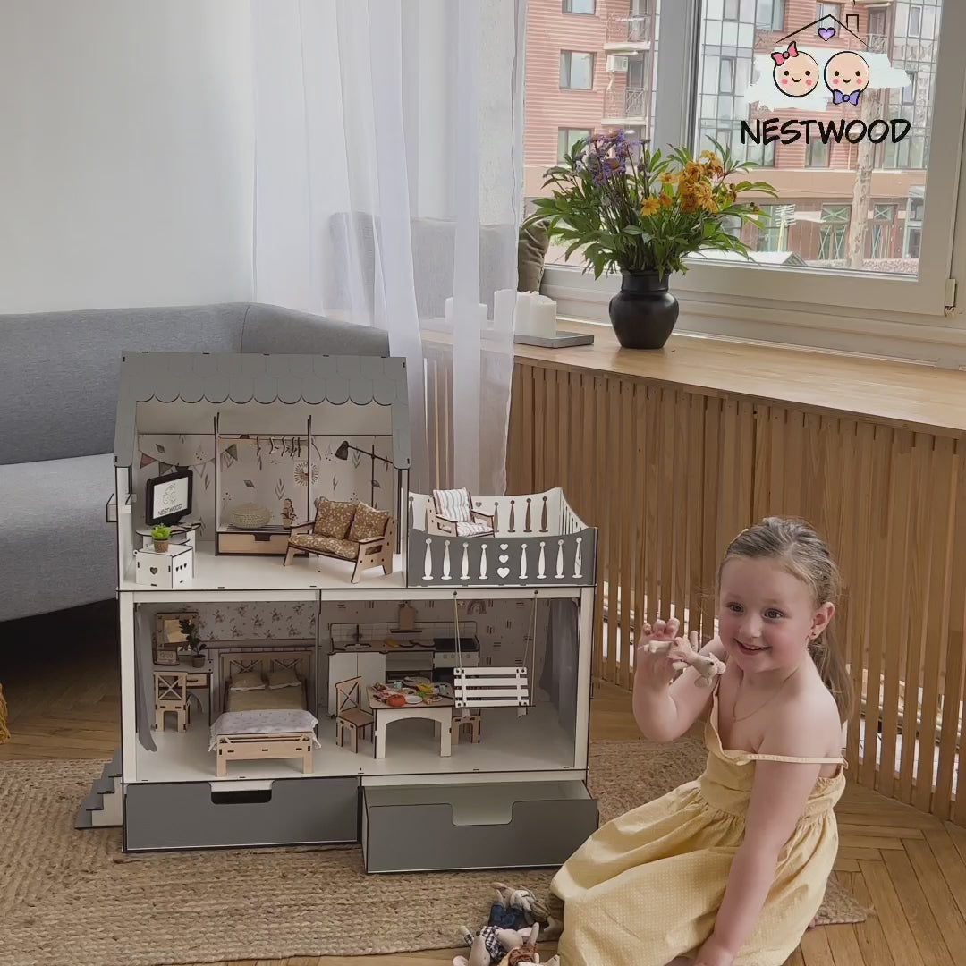 Puppenhaus Dream aus Holz mit Organizer im Maßstab 1:6 NestWood Eco